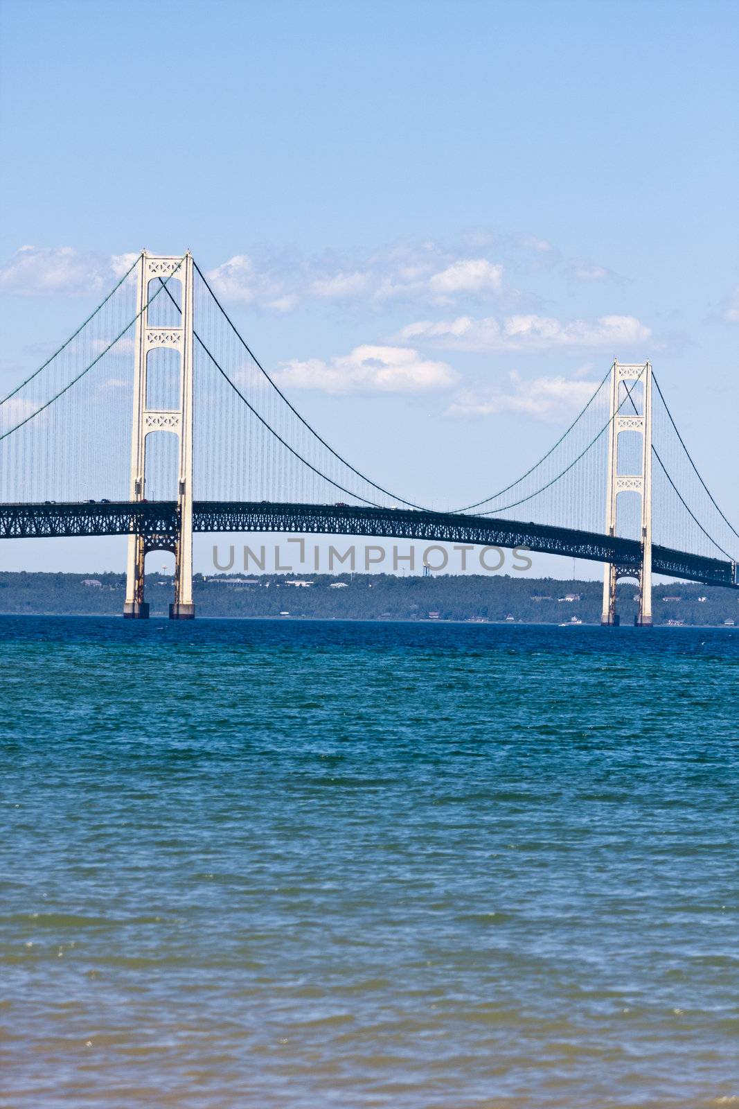 historic mackinaw bridge shot over lake michigan clear blue sky 