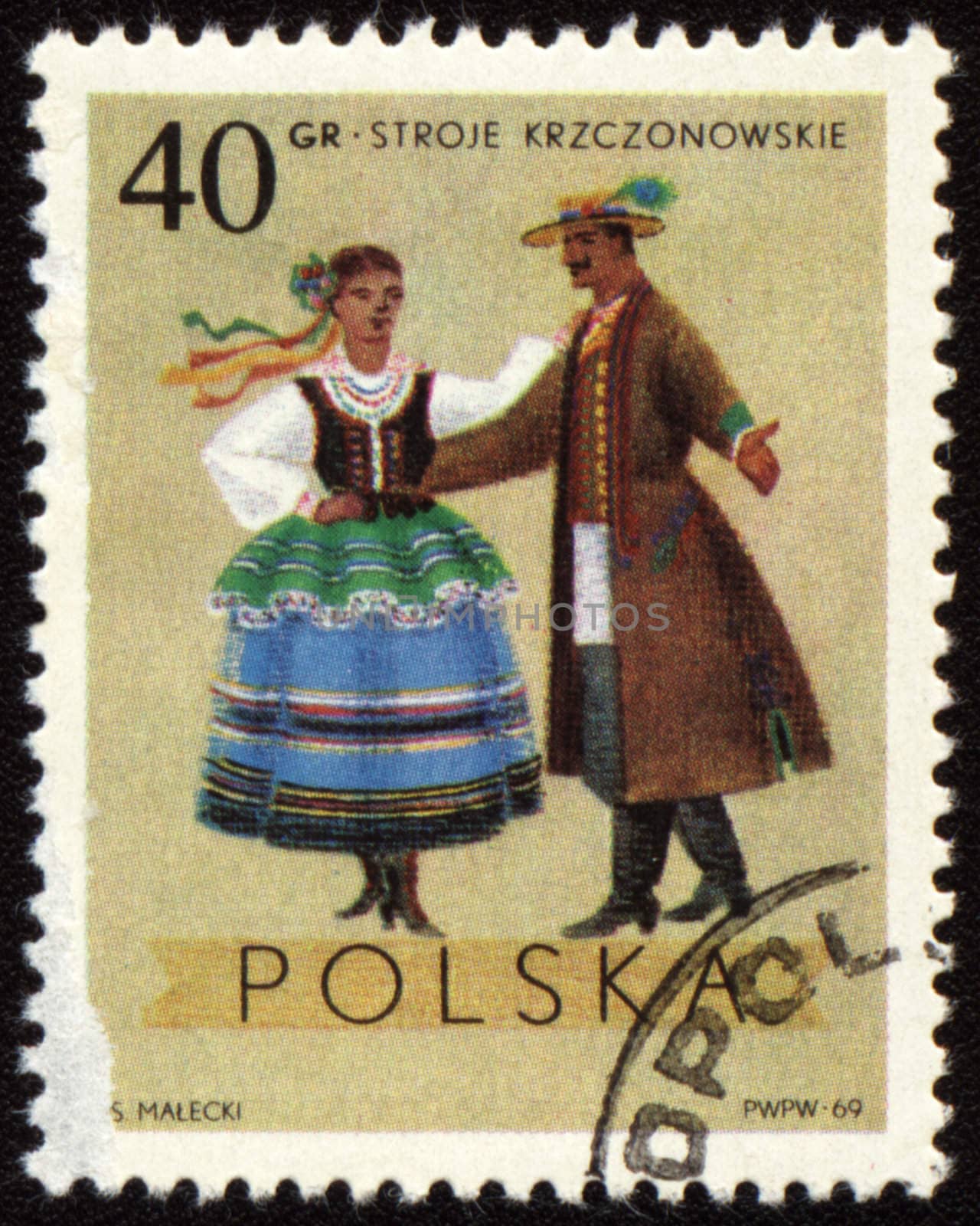 POLAND - CIRCA 1969: A stamp printed in Poland shows polish folk dancers in costumes from Krzczonowskie region, series, circa 1969
