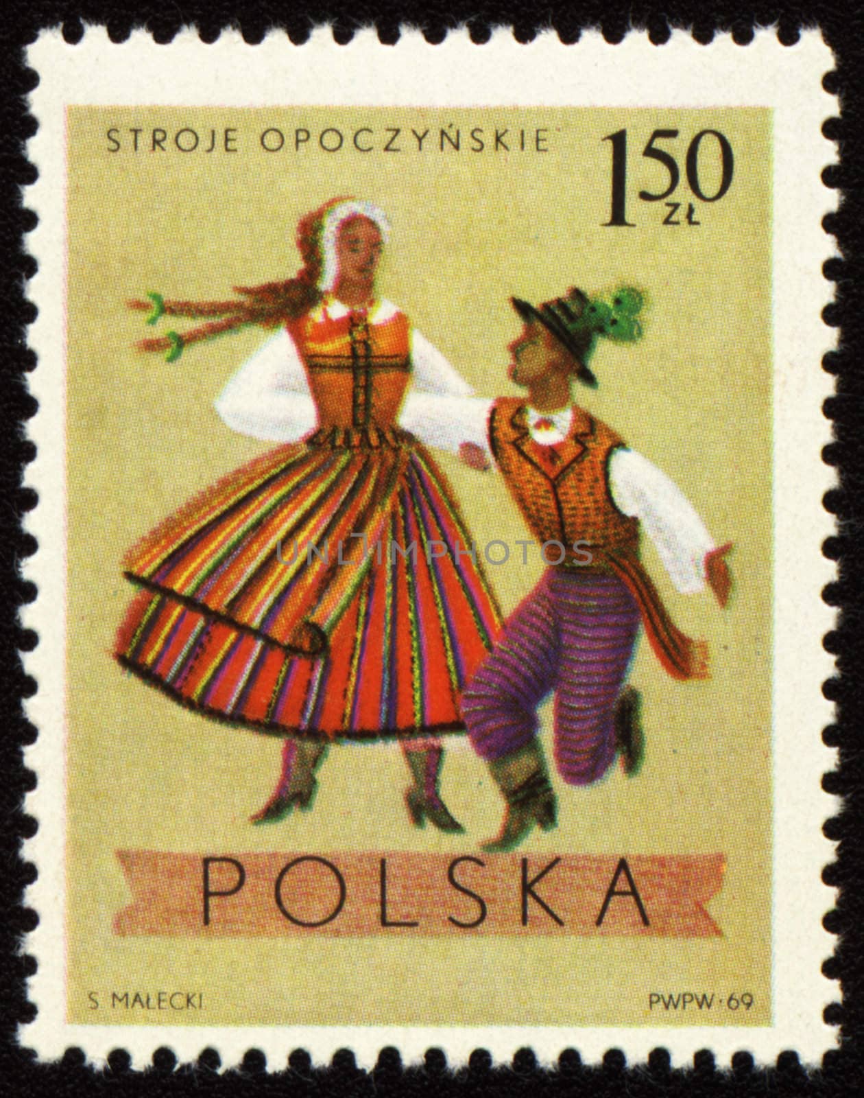 POLAND - CIRCA 1969: A stamp printed in Poland shows polish folk dancers in costumes from Opoczynski region, series, circa 1969