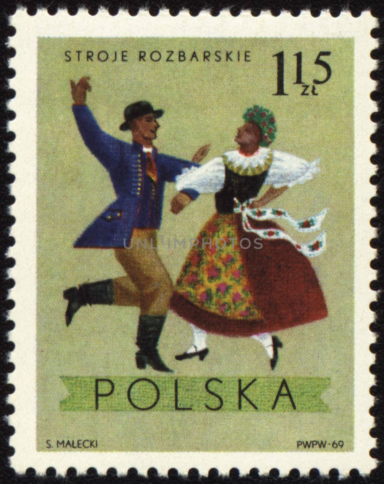 POLAND - CIRCA 1969: A stamp printed in Poland shows polish folk dancers in costumes from Rozbarskie region, series, circa 1969