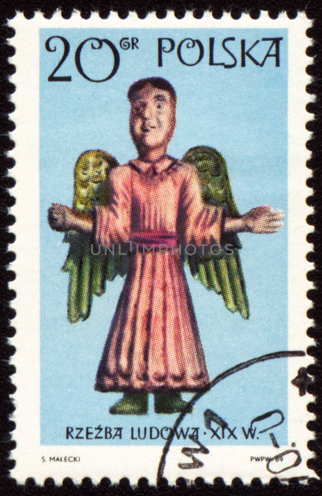 POLAND - CIRCA 1969: a stamp printed in Poland, shows Angel statue, series "Folk sculpture", circa 1969