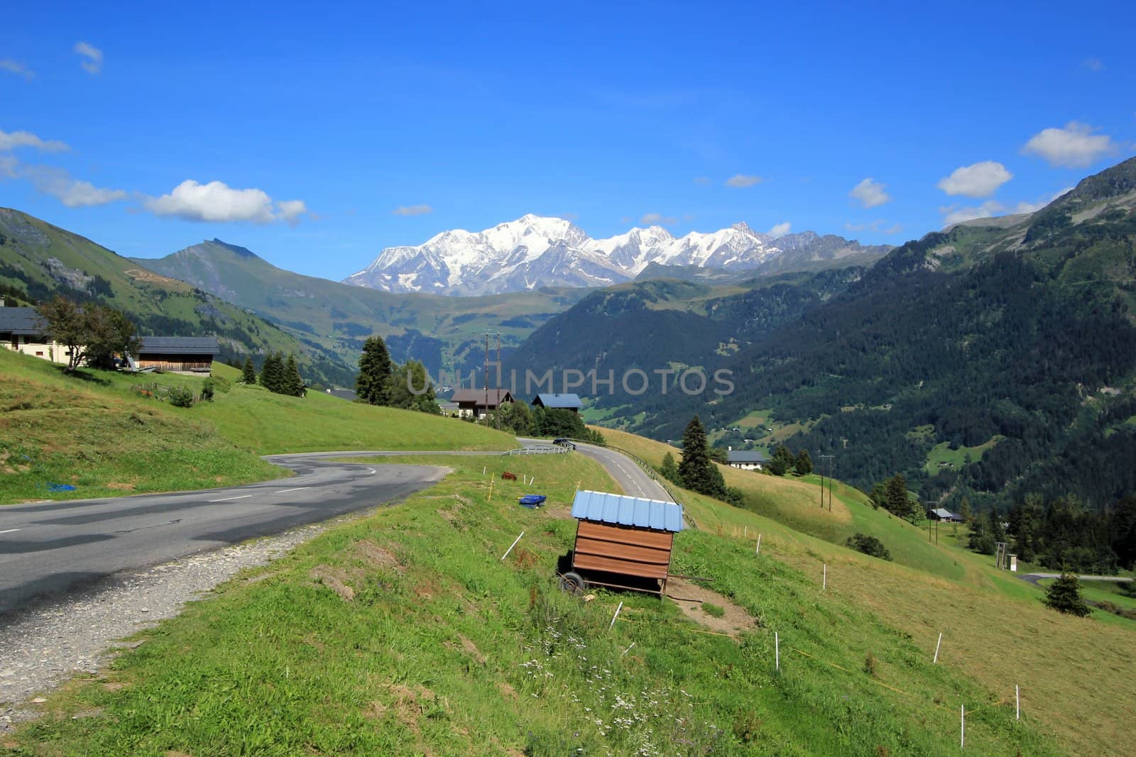 View of Mont-Blanc mountain from Aravis pass by beautiful summer day