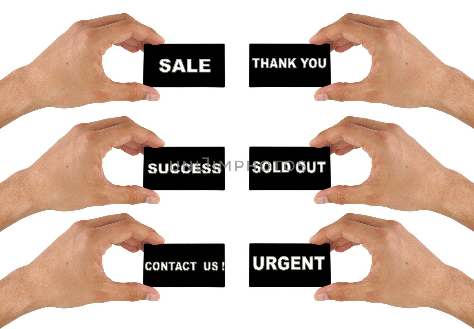 black business card in hand on white background with text: contact us, success, sale, thank you, sold out, urgent