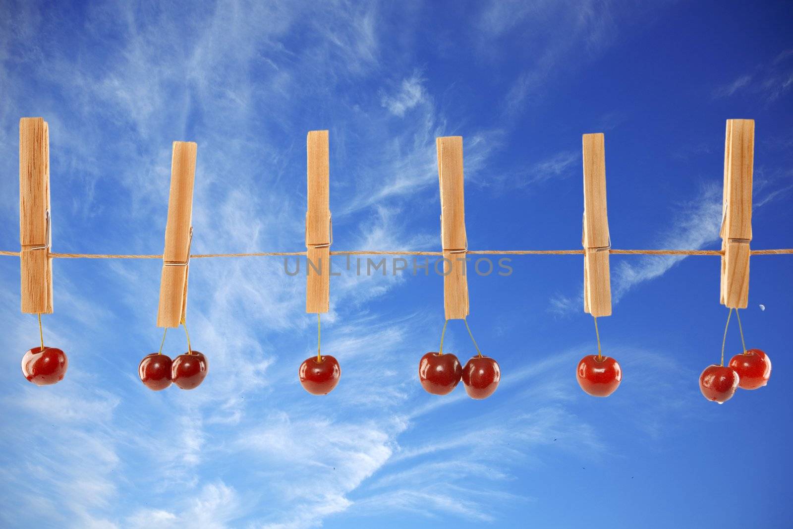 Sweet red cherries and clothes line on a sky background