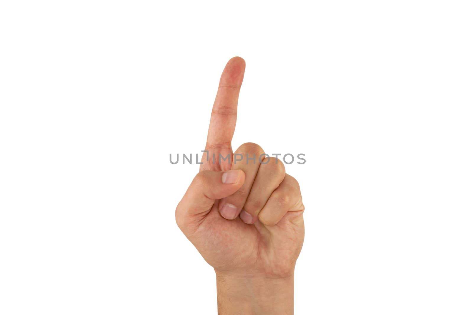 hand shows a forefinger aside on white background