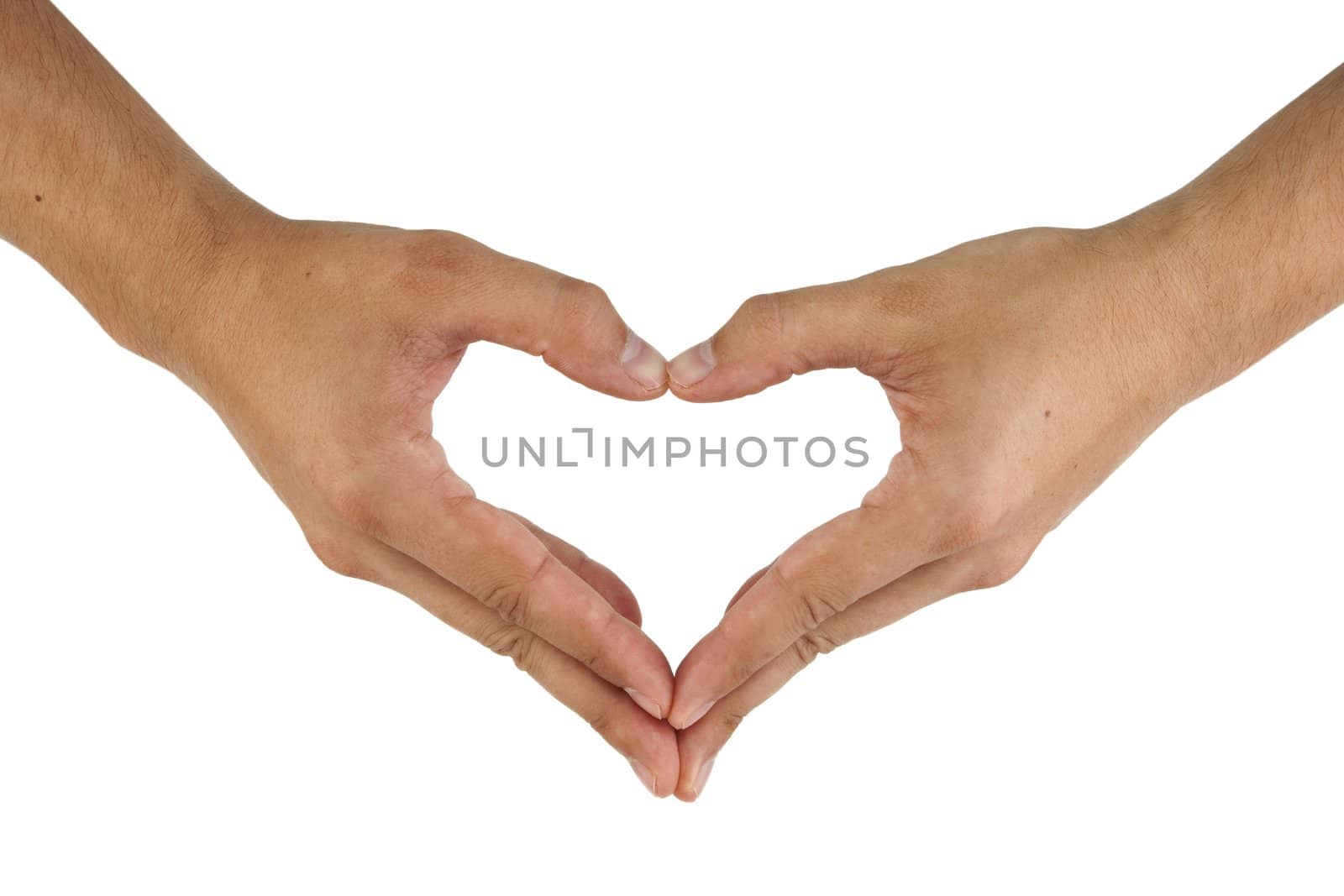 two hands make heart shape on white background