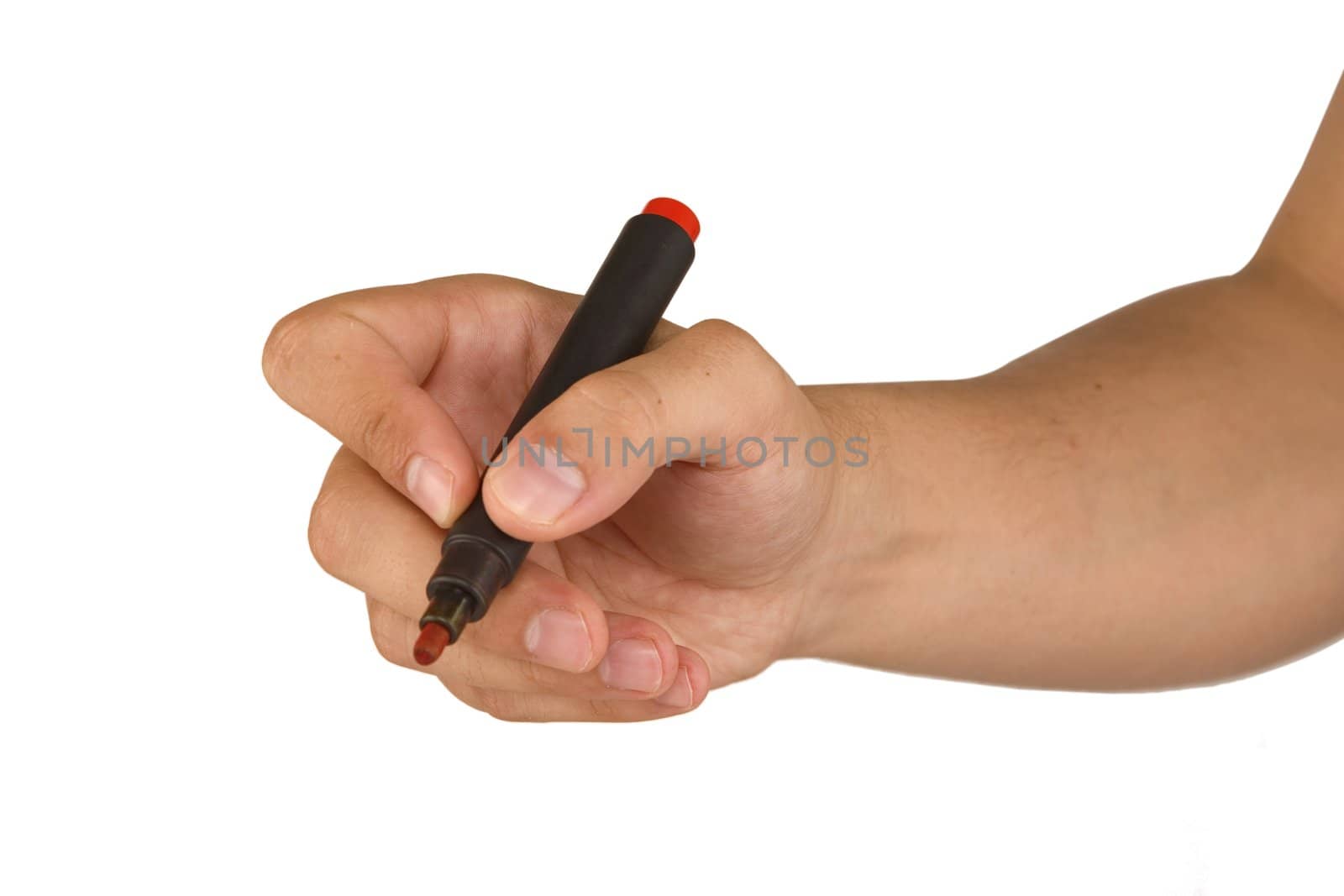 male hand with red marker isolated on white background