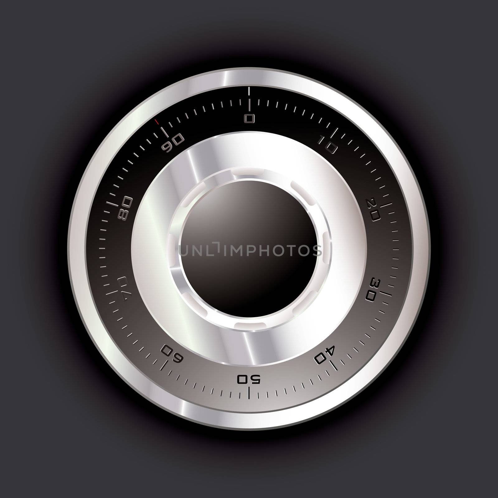 Silver metal safe dial with black background