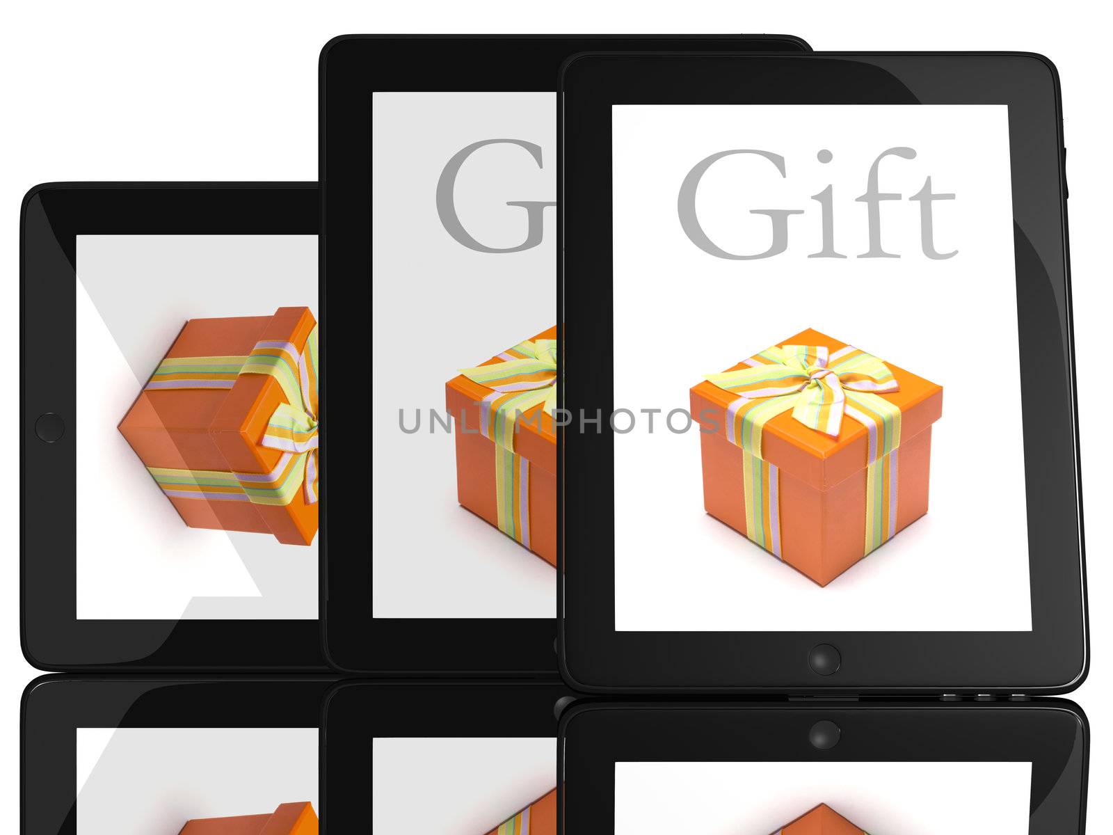 Gift on screen of teblet computer 3D model isolated on white