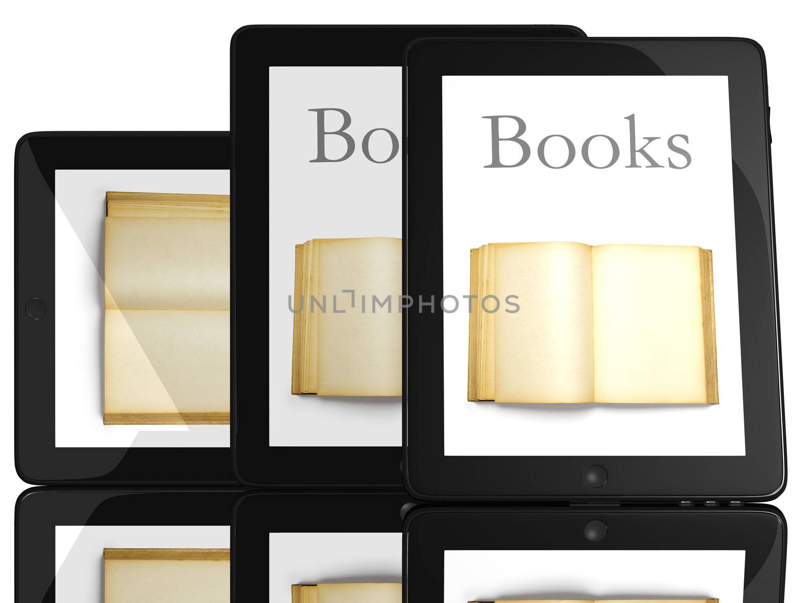 Group of Books and teblet computer 3D model isolated on white, digital library concept
