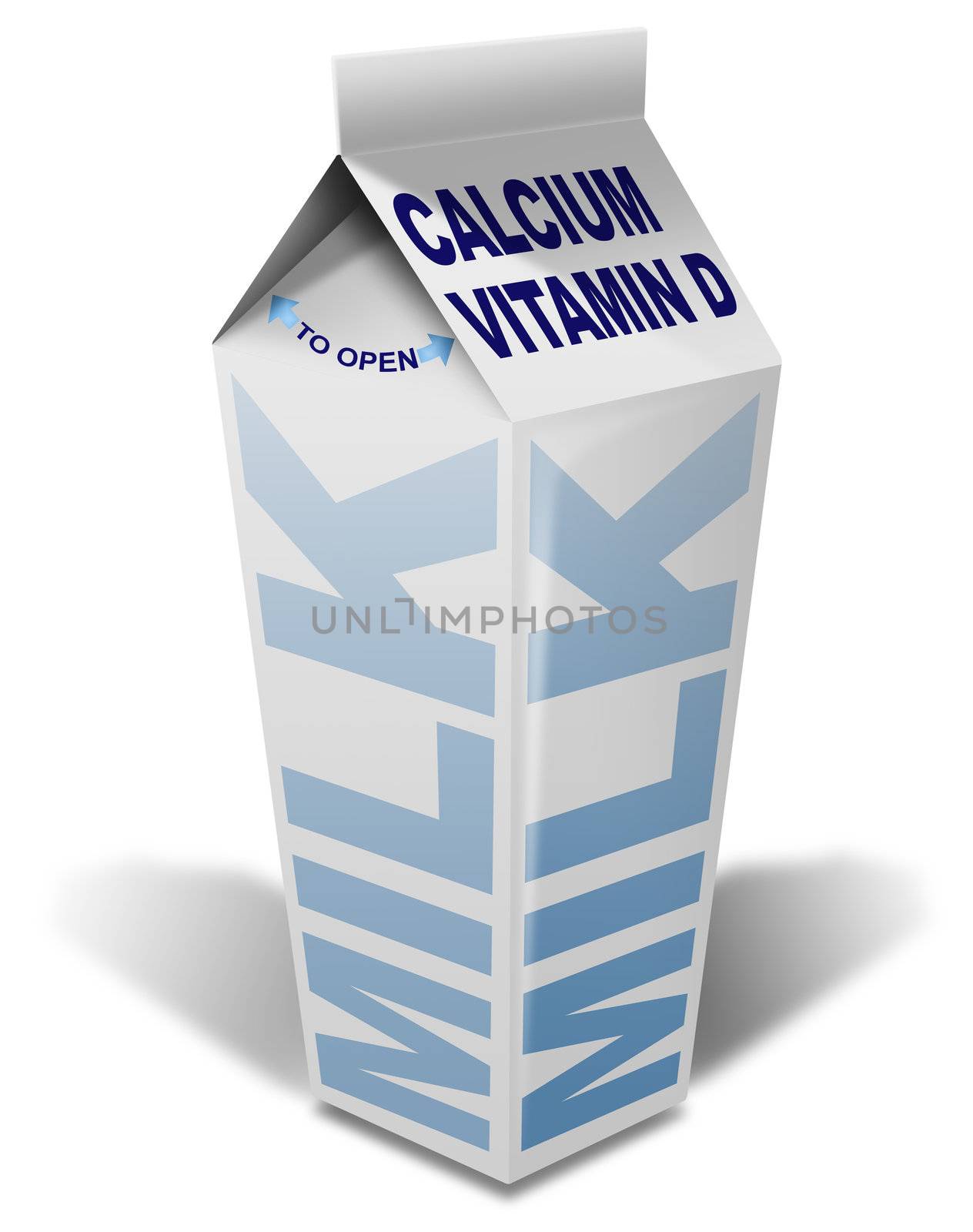 White packaging of milk with milk written, calcium and vitamin d