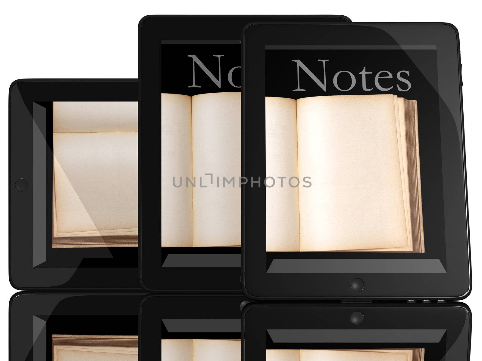 Group of Books and teblet computer 3D model isolated on white, digital library concept