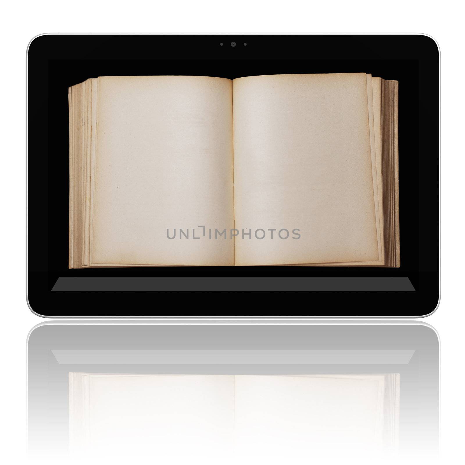 Book and generic teblet computer 3D model isolated on white, E-book E-reader concept