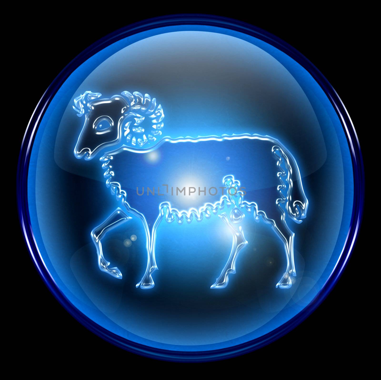 Aries zodiac button icon, isolated on black background.