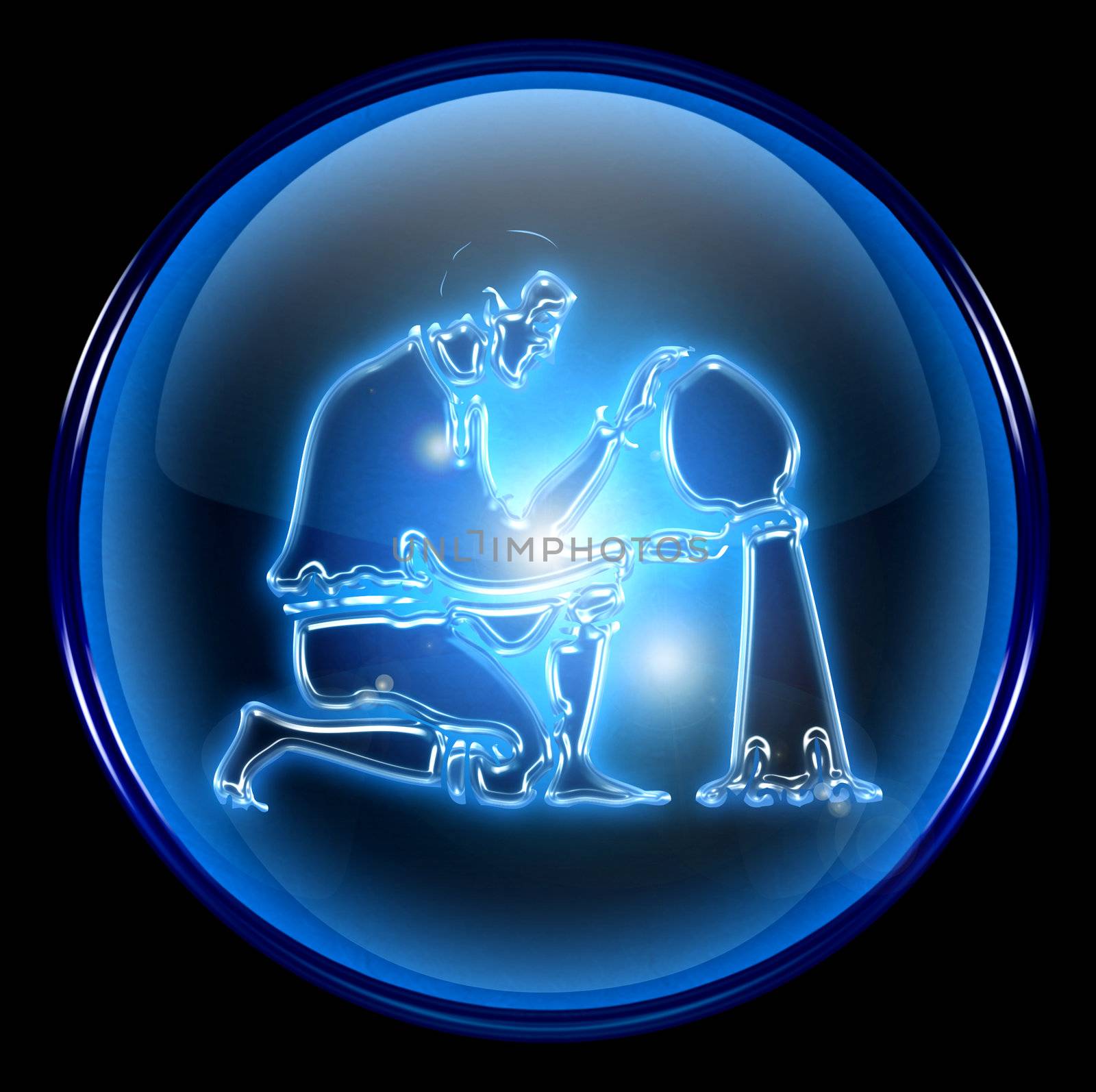 Aquarius zodiac button icon, isolated on black background.