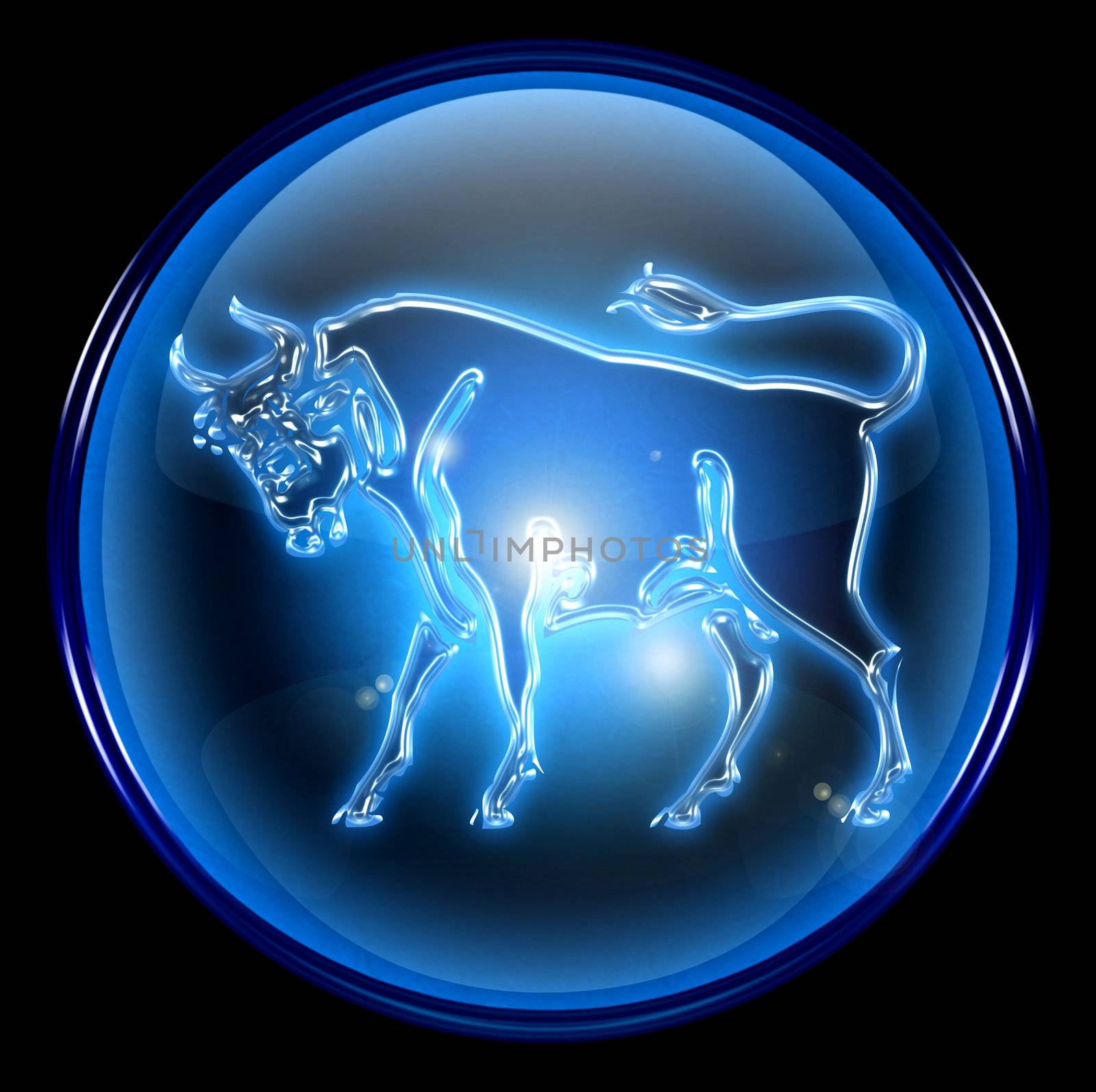 Taurus zodiac button icon, isolated on black background.