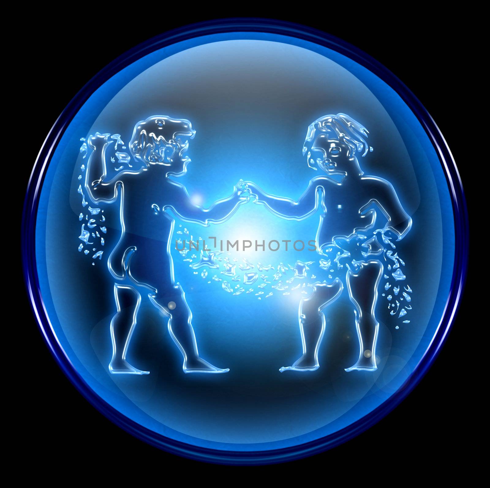 Gemini zodiac button icon, isolated on black background.