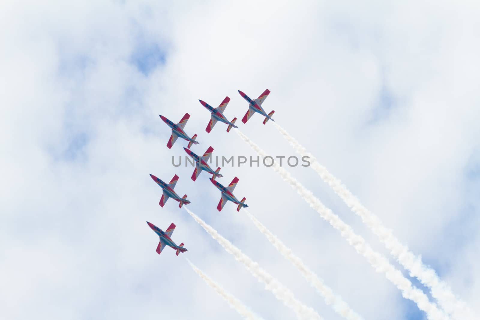 MALAGA, SPAIN-MAY 28: Aircrafts of the Patrulla Aguila taking part in an exhibition on the day of the spanish army forces on May 28, 2011, in Malaga, Spain