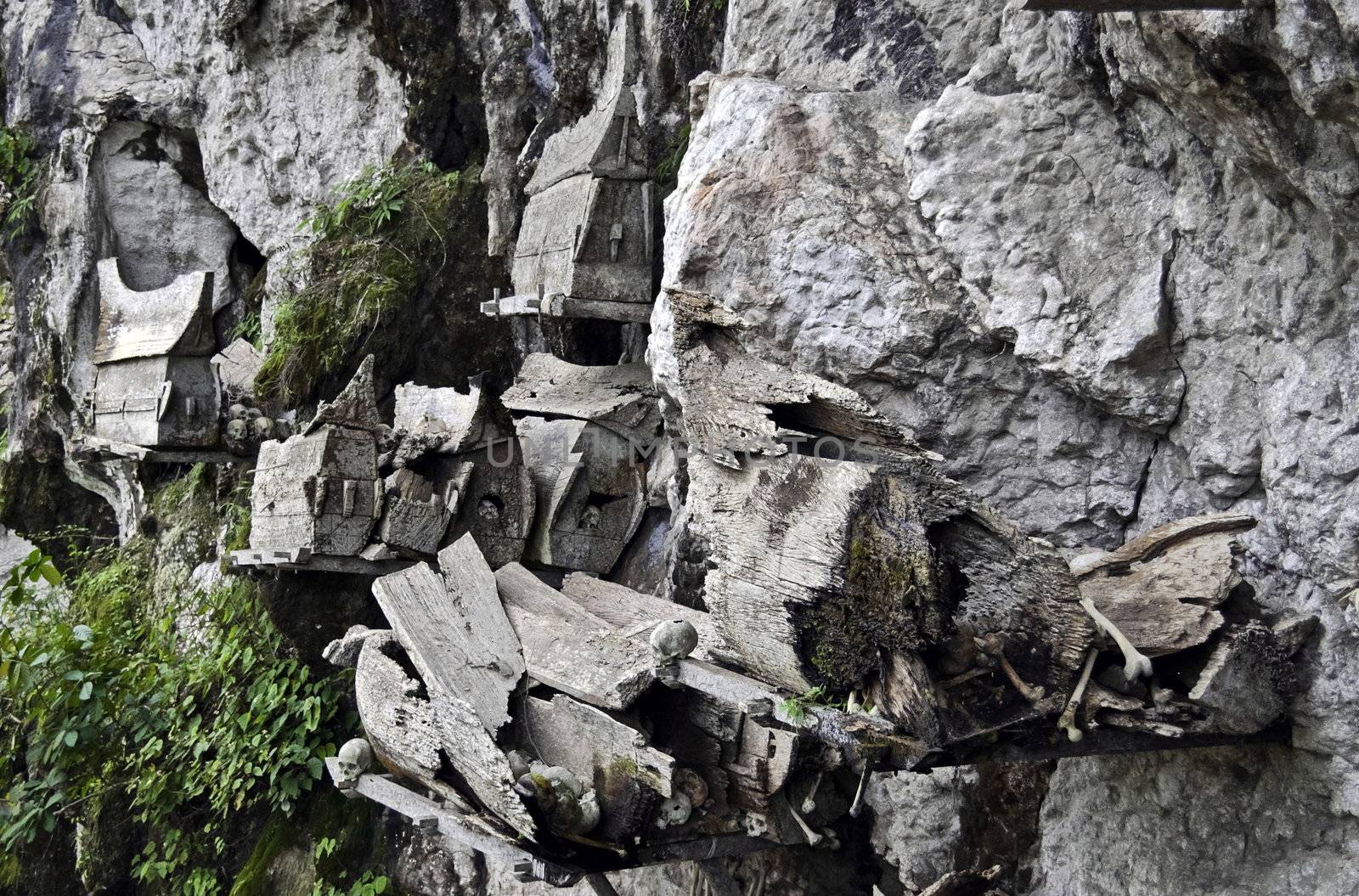 Wooden coffins with bones in a funeral toraja cliff