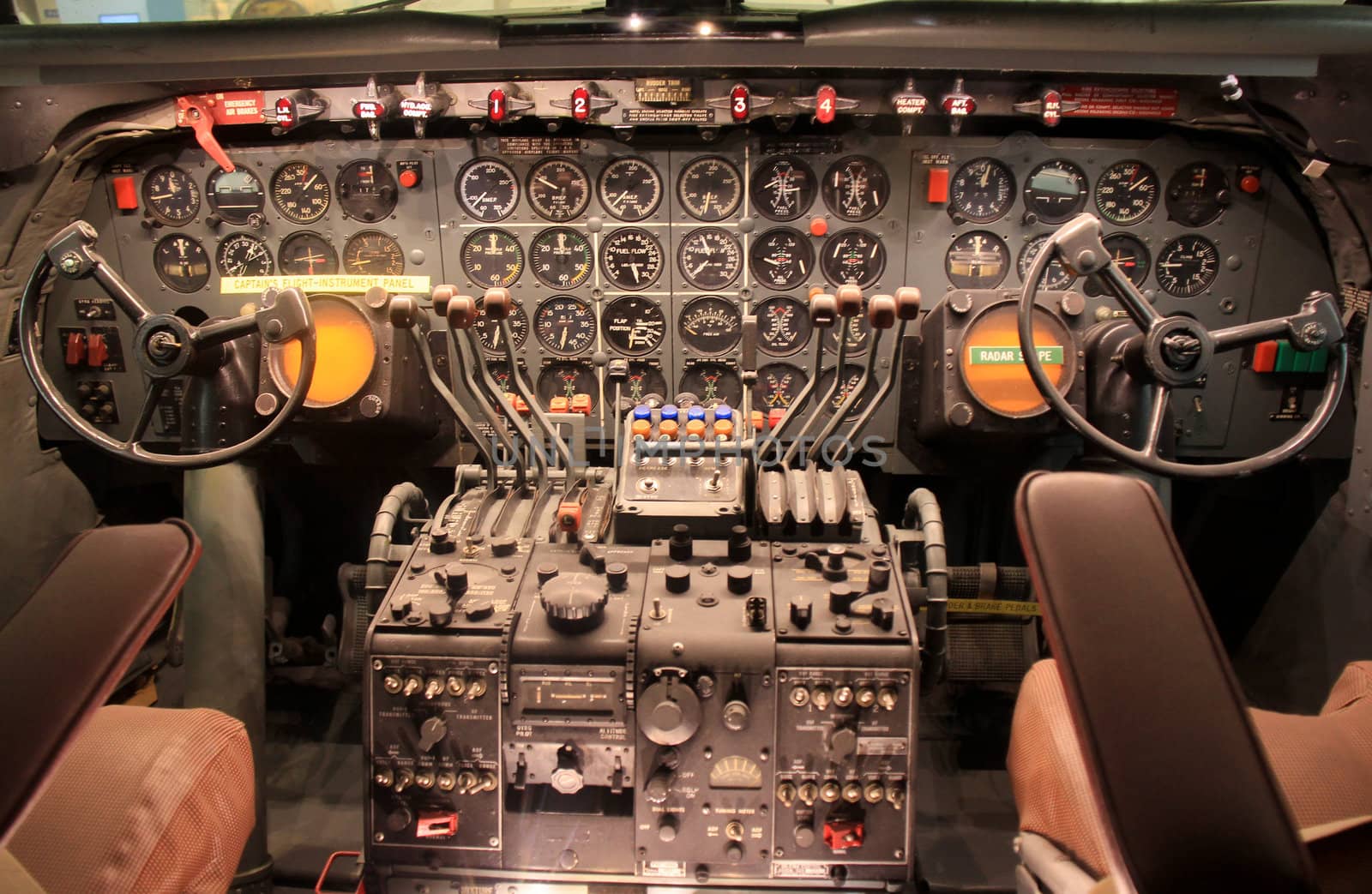 Detailed control panel of old aircraft.