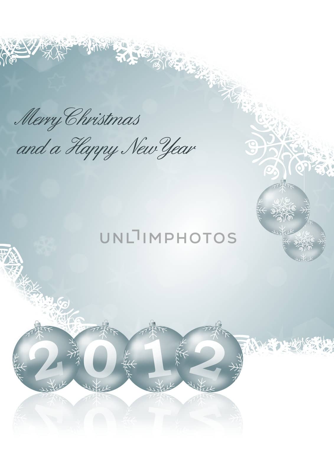 Merry Christmas and a Happy New Year illustration with snowflakes and christmas balls by alexwhite