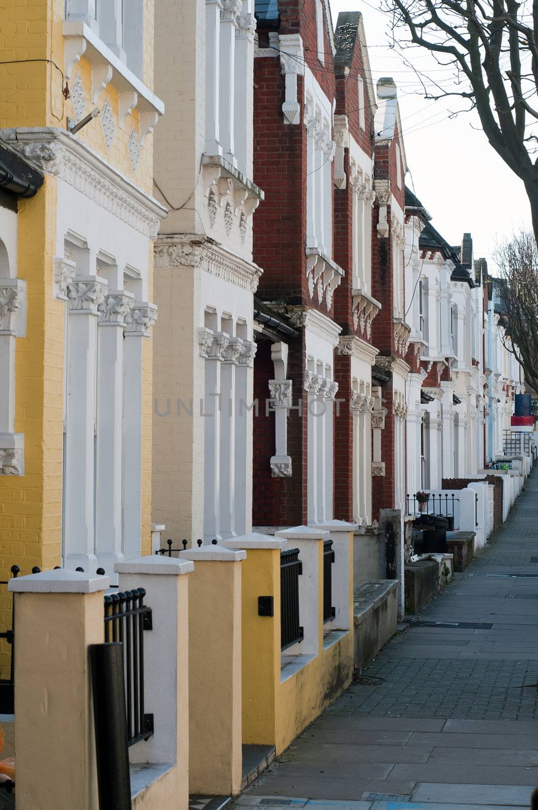 Typical traditional multicolored english buildings, outdoor shoot