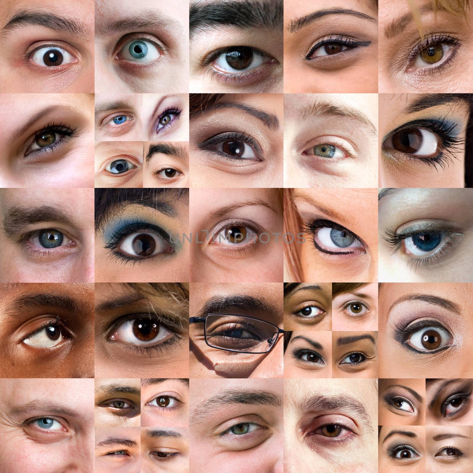 A variety of square cropped eyeball close ups with both male and female eyes. 