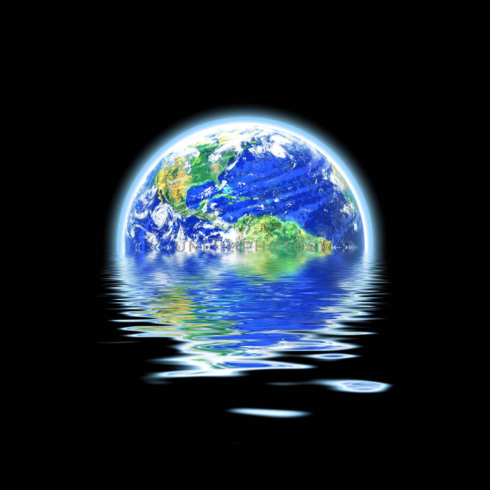 The earth floating in a pool of water that works great for flood concepts global warming or even the scuba diving and oceanography fields. Original earth photo courtesy of NASA.
