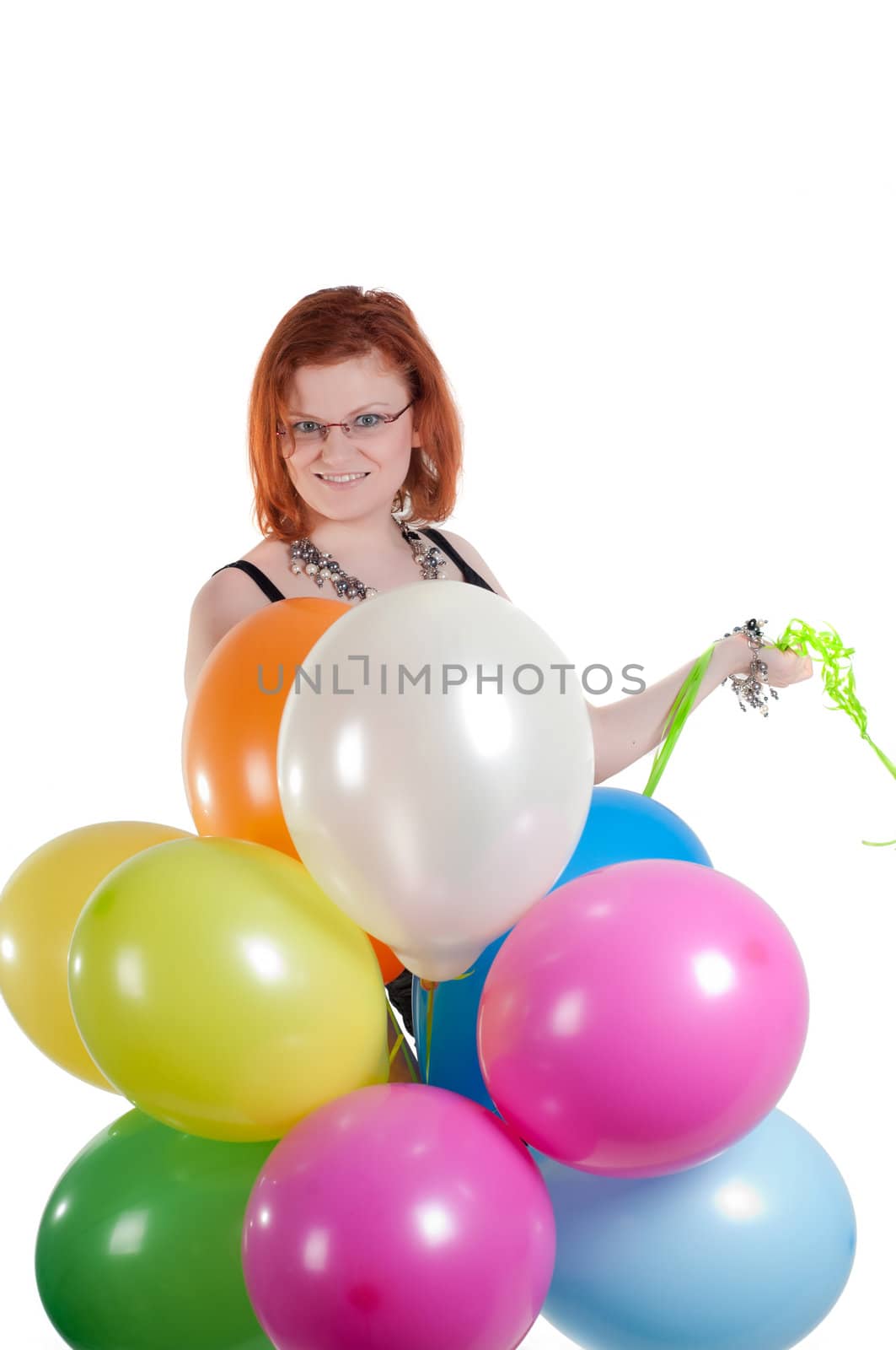 Shot of beautiful woman with multicolored air balloons isolated on white