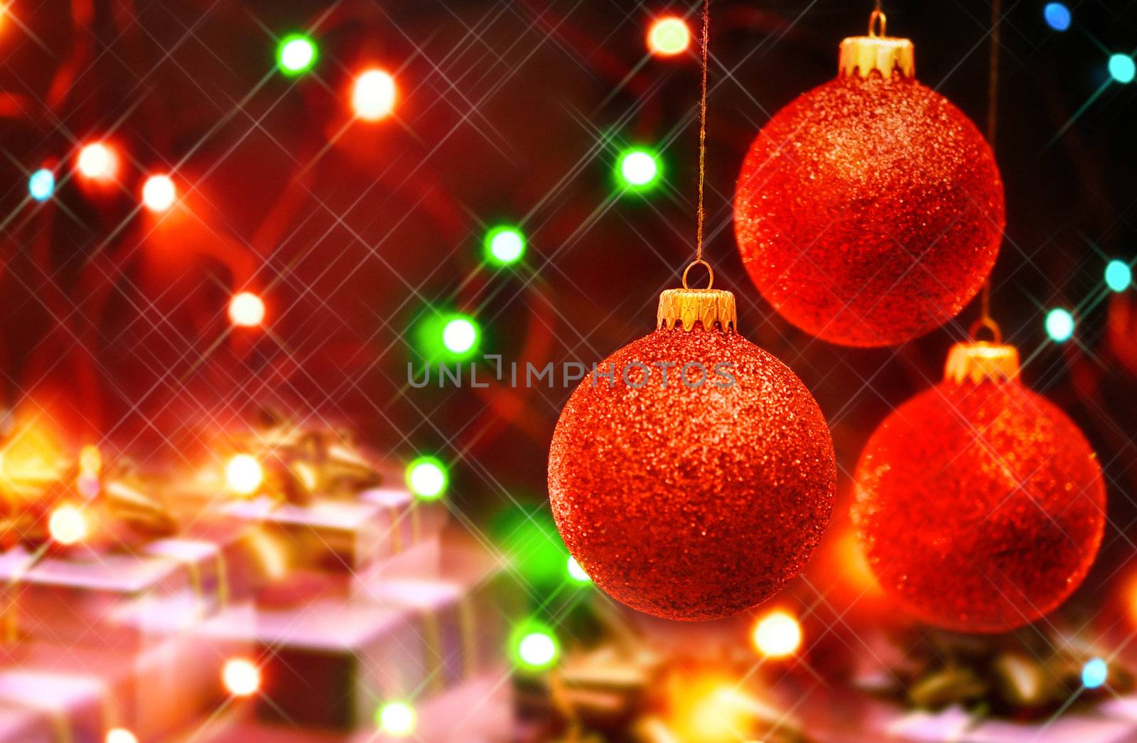 Background for christmas with gifts and hanging balls