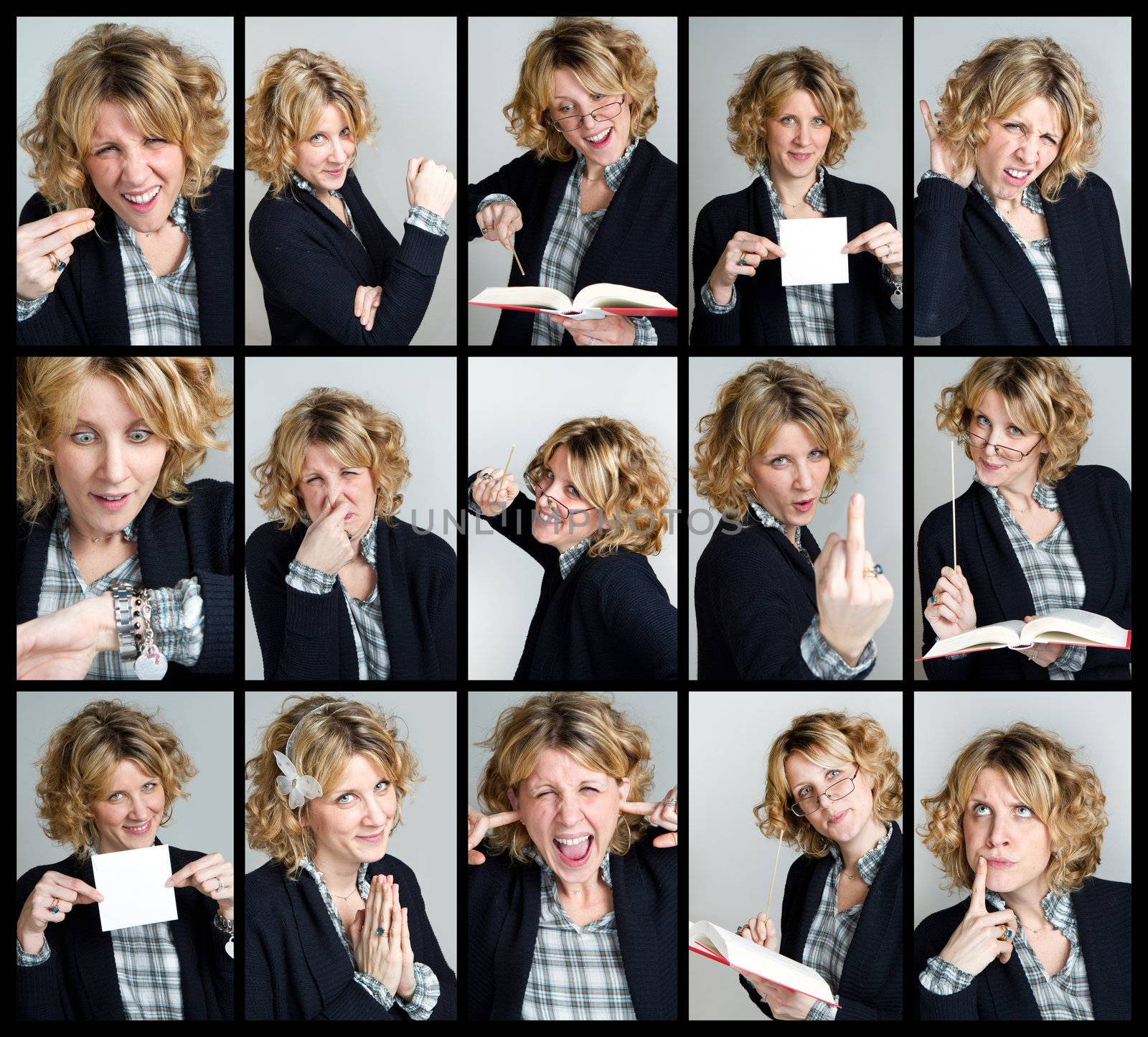 Collage of the same woman making diferent expressions