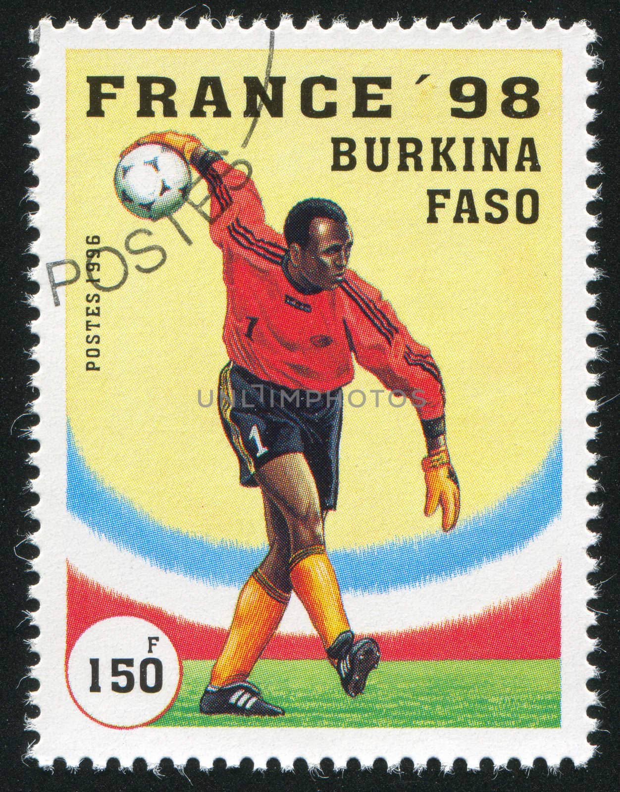 BURKINA FASO - CIRCA 1996: stamp printed by Burkina Faso, shows 1998 World Cup Soccer Championships, France, circa 1996.