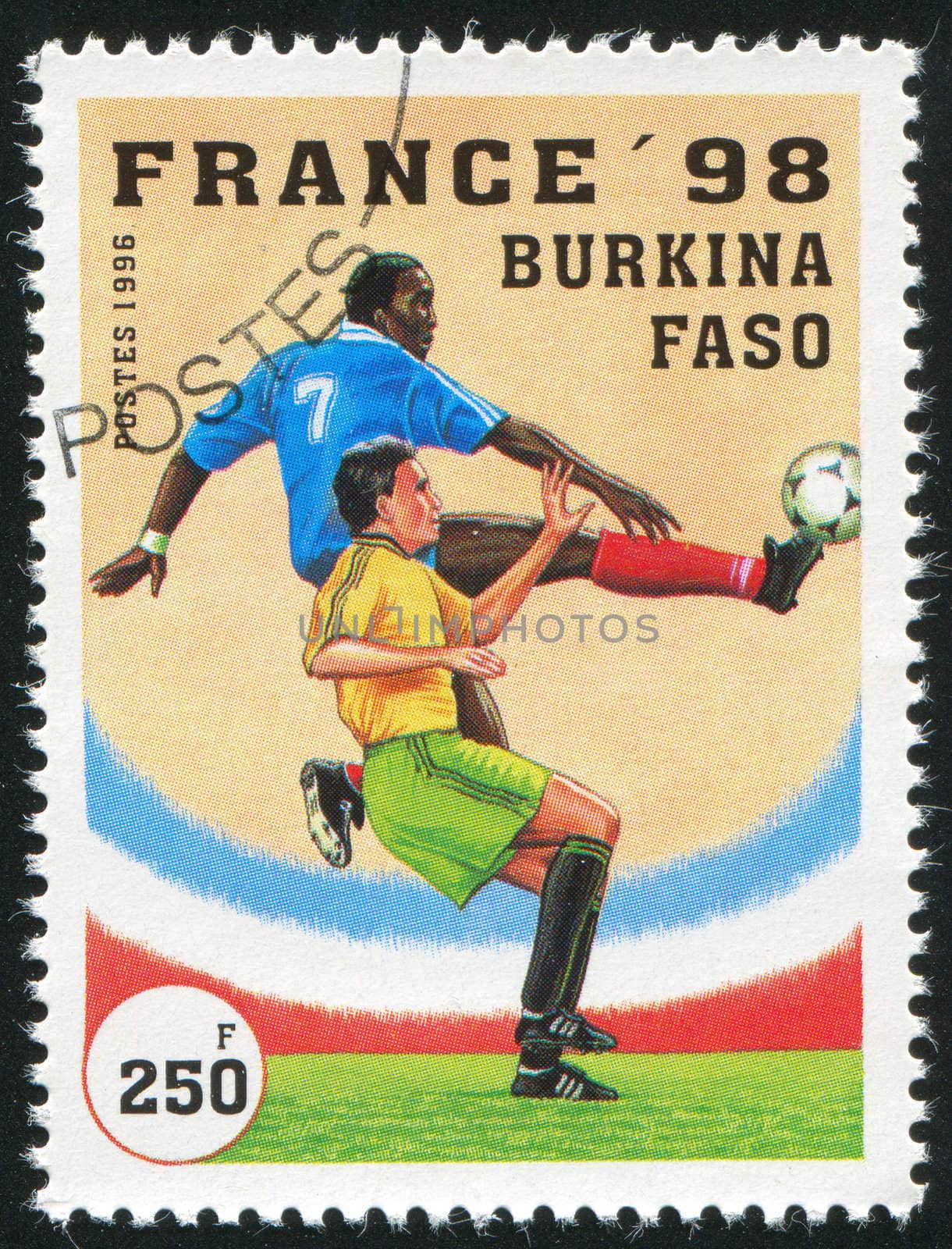 BURKINA FASO - CIRCA 1996: stamp printed by Burkina Faso, shows 1998 World Cup Soccer Championships, France, circa 1996.