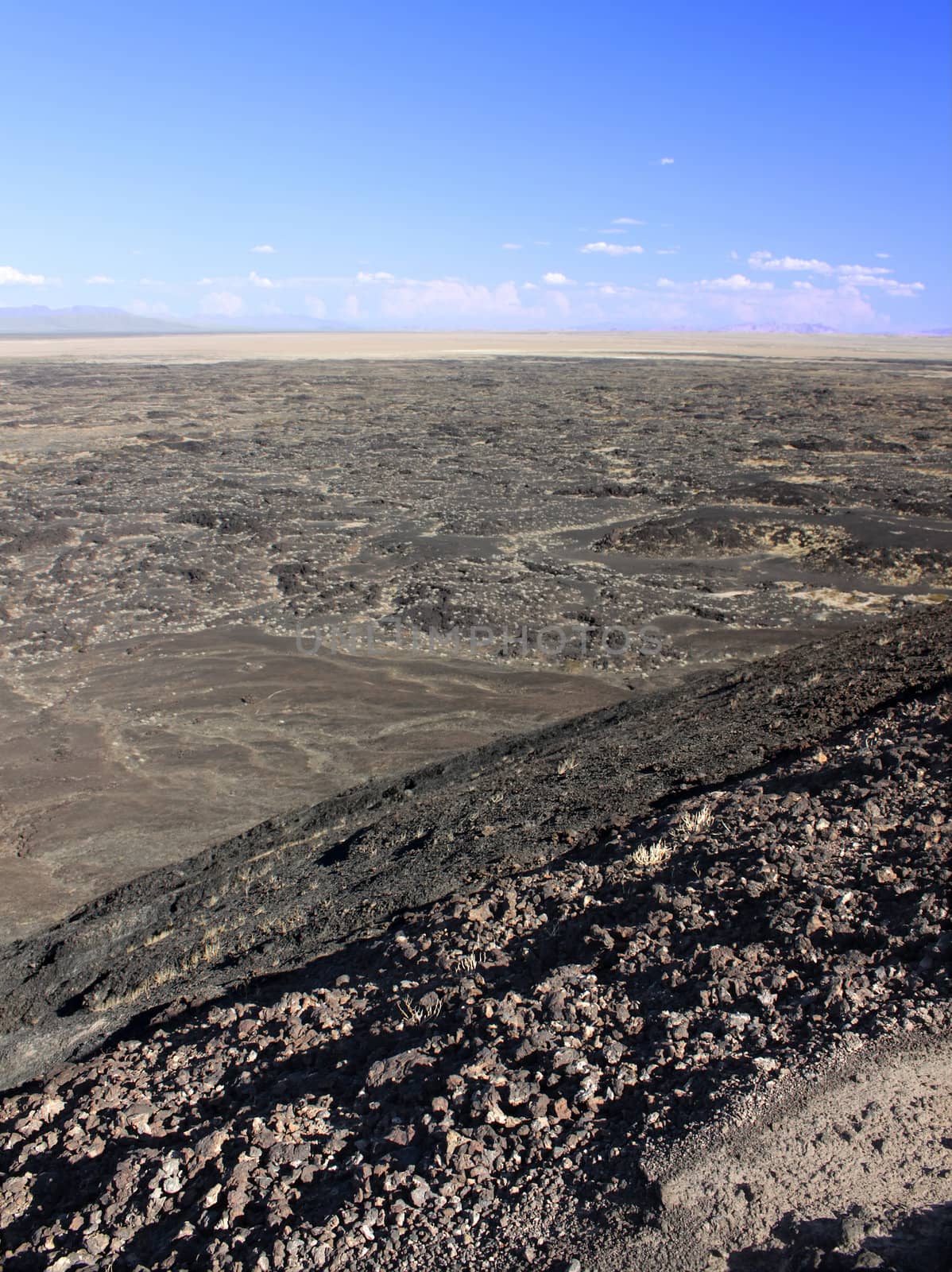 Volcanic rock scatters the desert around Amboy Crater National Natural Landmark in California.