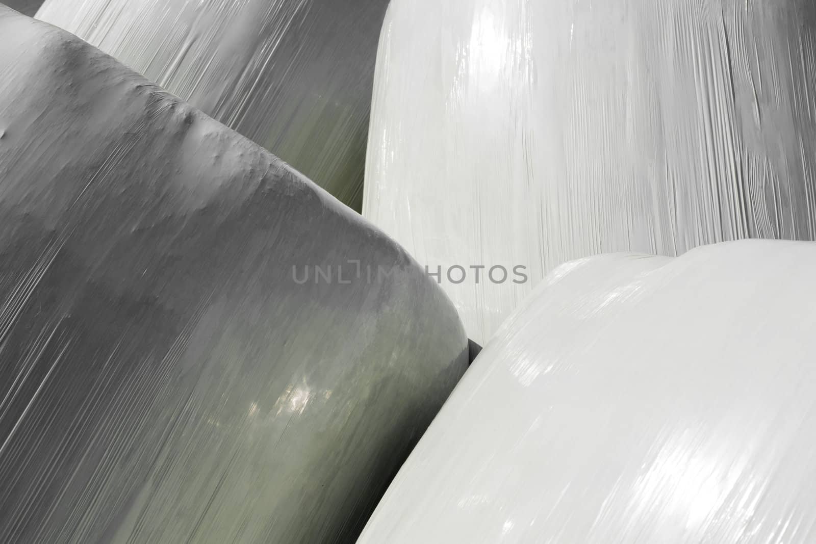 Silage (or Haylage): Bales of hay sealed in plastic wrapper for fermentation to feed livestock.