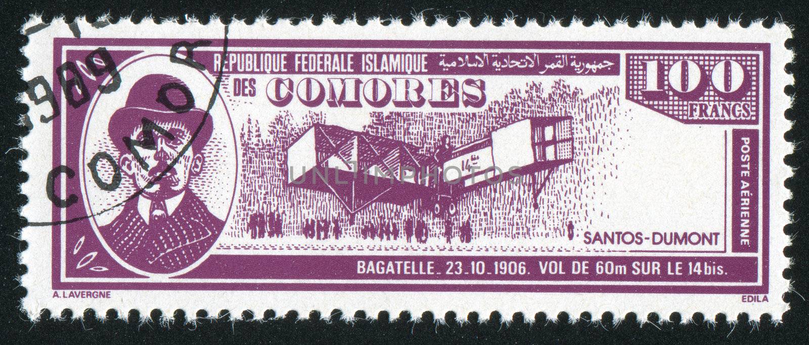 COMORO ISLANDS - CIRCA 1988: stamp printed by Comoro islands, shows airplane and Alberto Santos Dumont, circa 1988