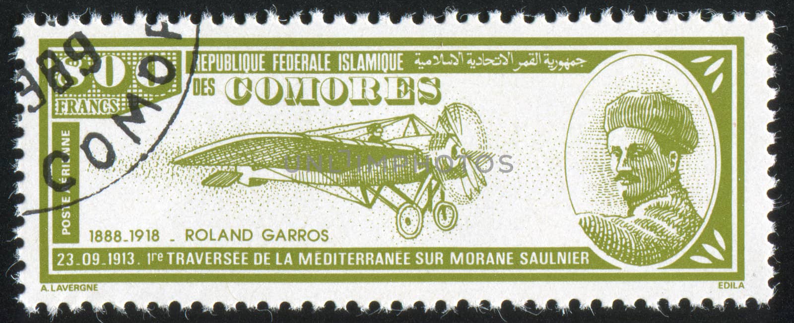 COMORO ISLANDS - CIRCA 1988: stamp printed by Comoro islands, shows airplane and Roland Garros, circa 1988