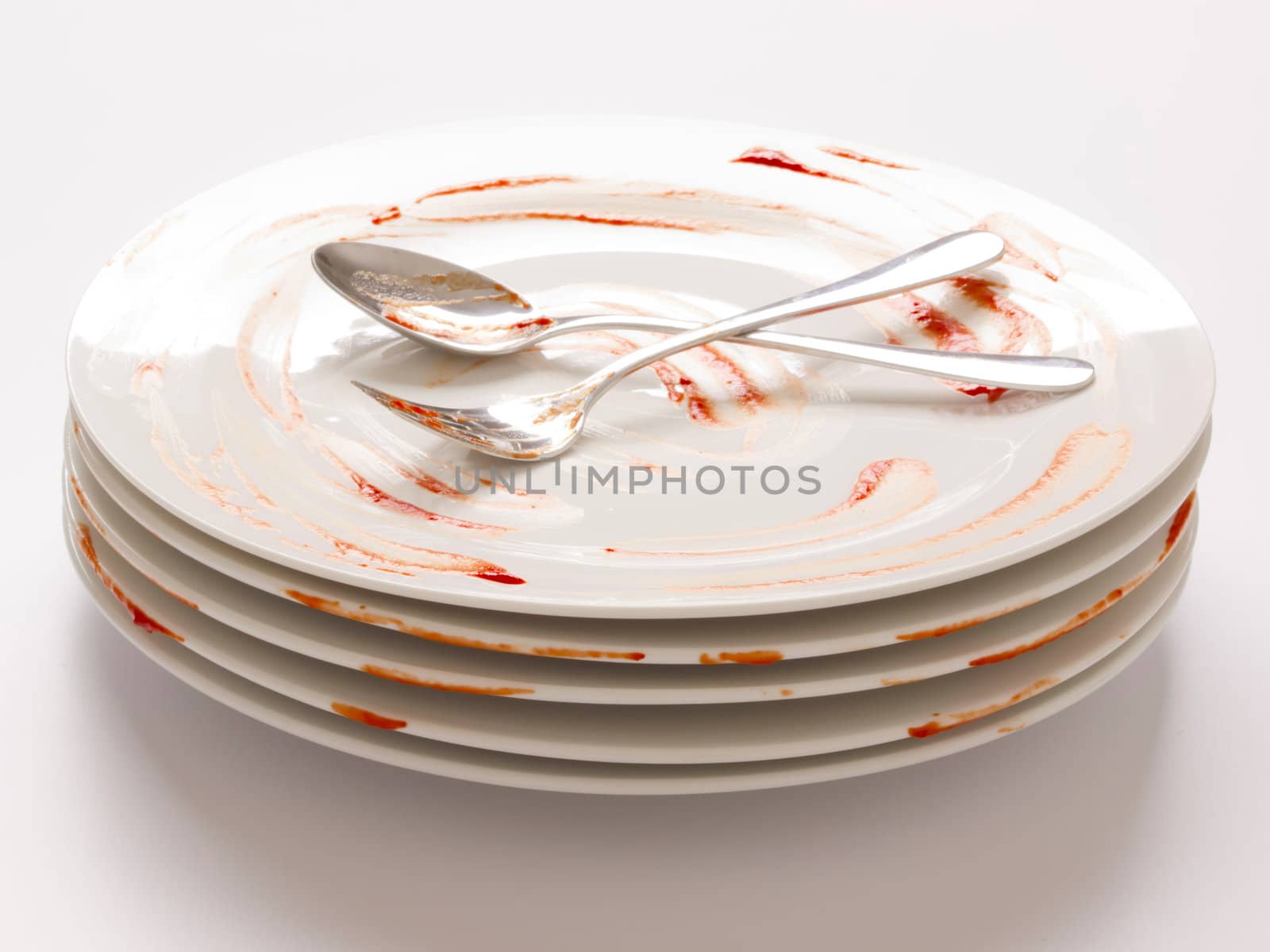 close up of a stack of dirty plates