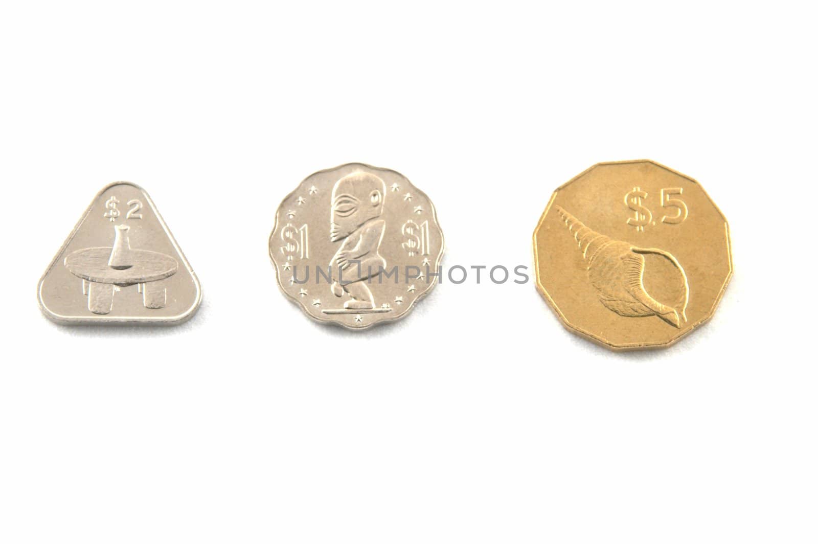 Coins of Cook islands on a white background