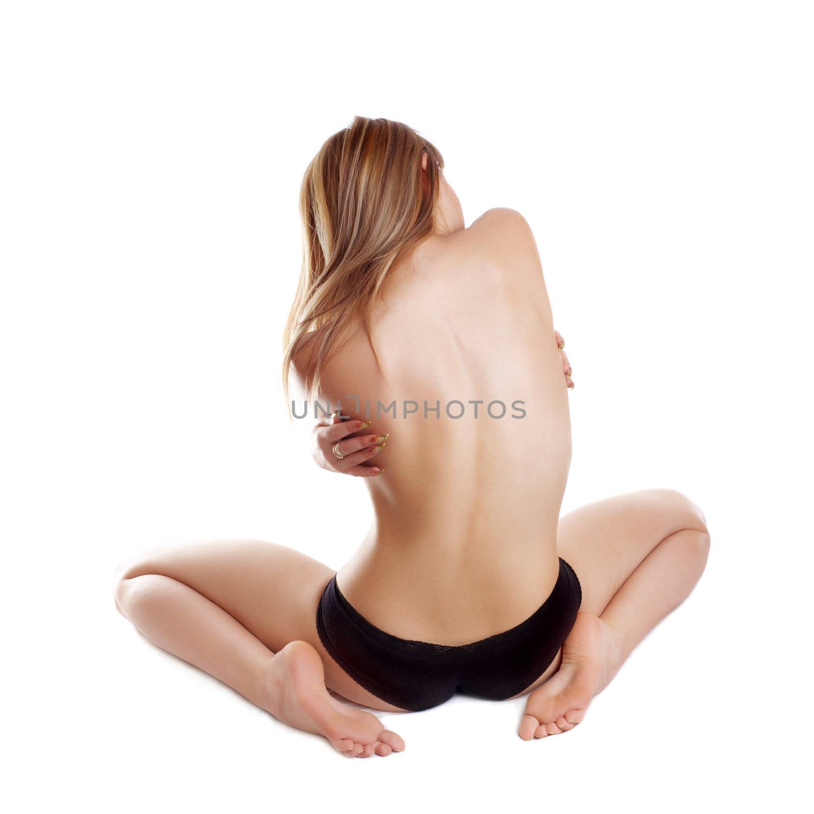 topless girl in black panties isolated on white