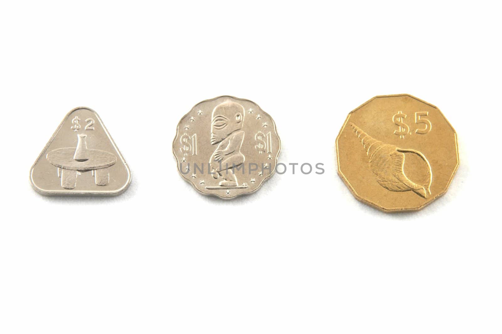 Coins of Cook islands on a white background