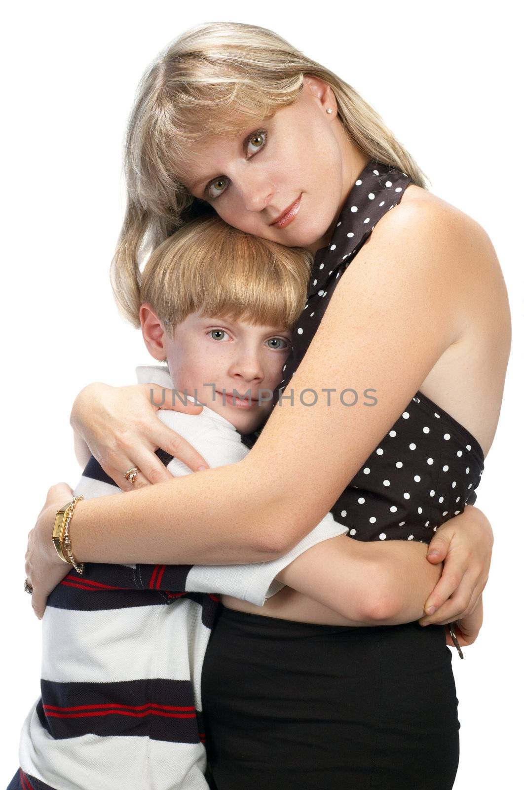 mother and son happy together, isolated on white