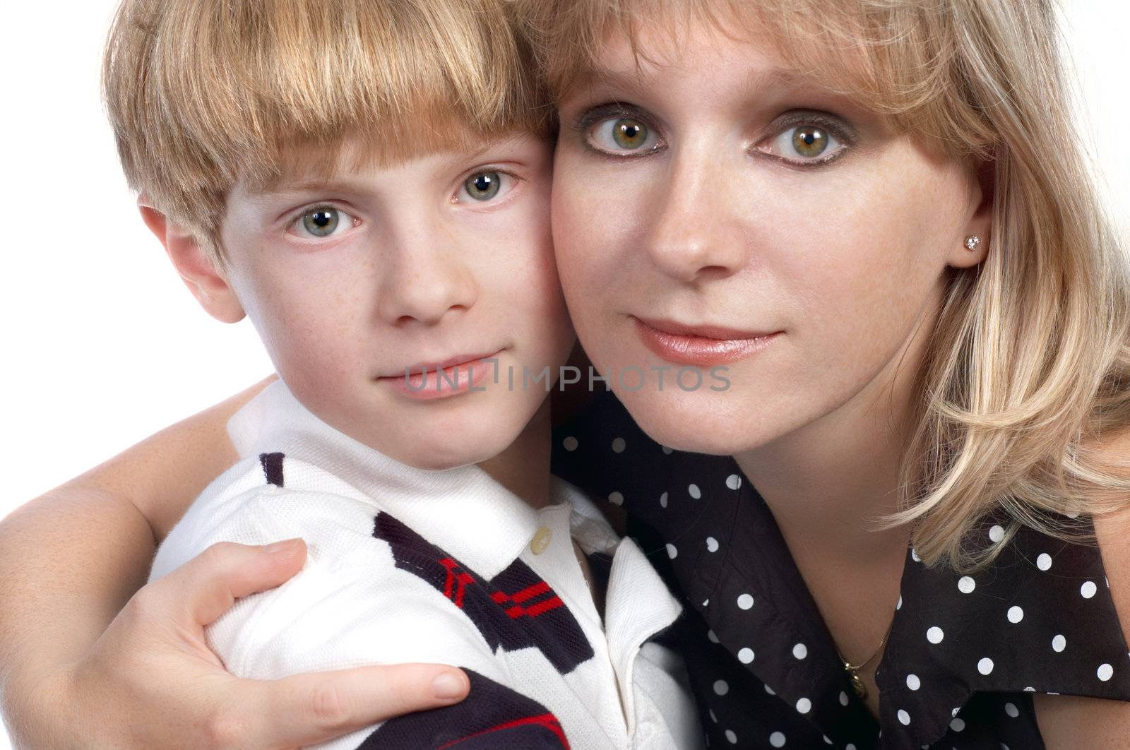 mother and son happy together, isolated on white