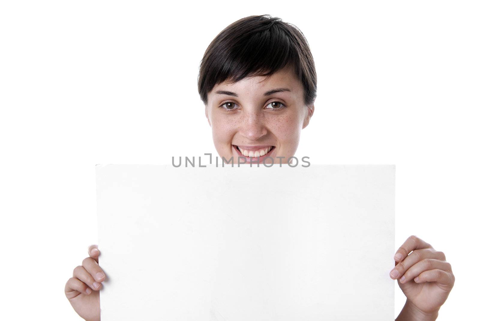 Young girl holding a card, close up