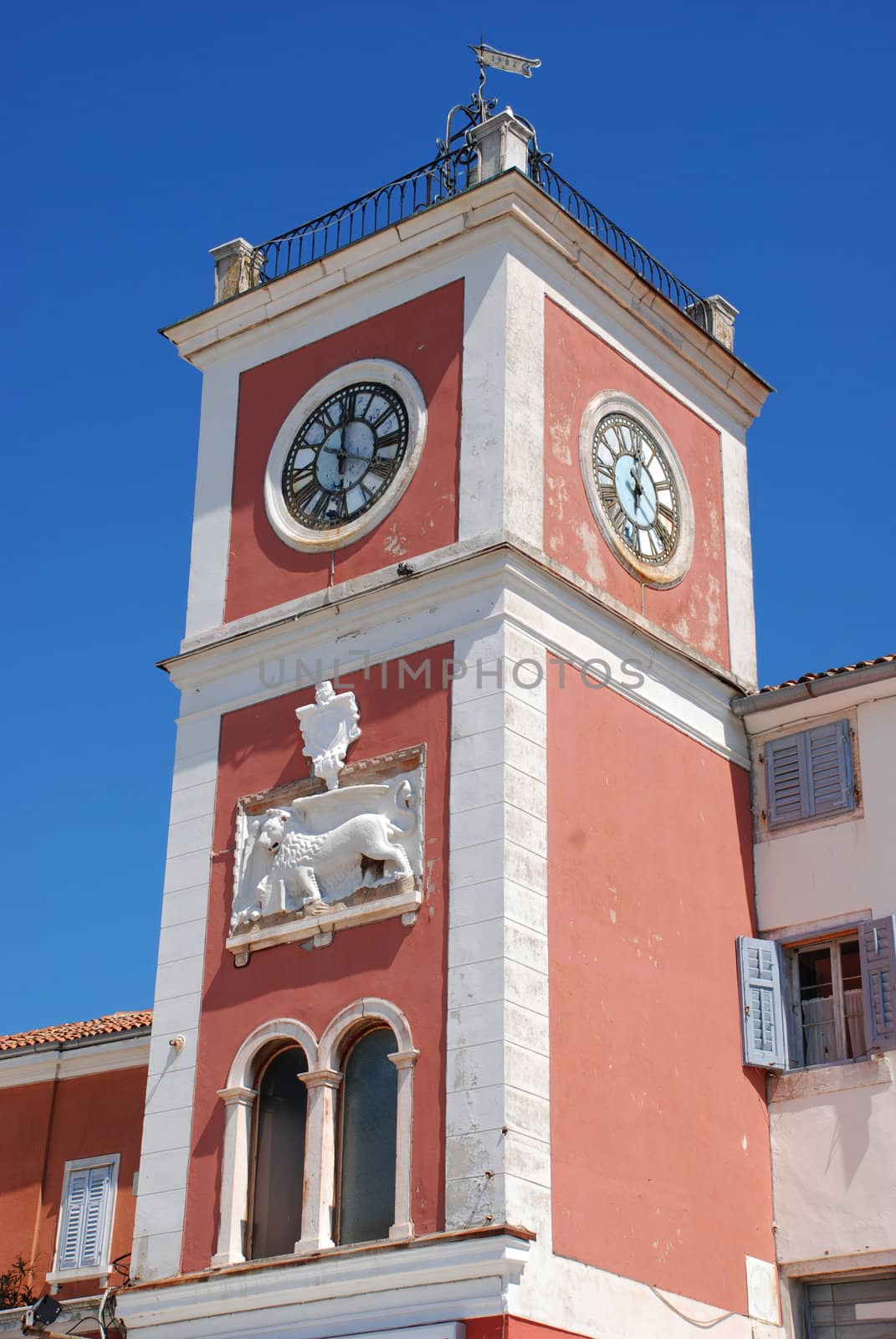 The bell tower in the center of Rovinj city, Croatia