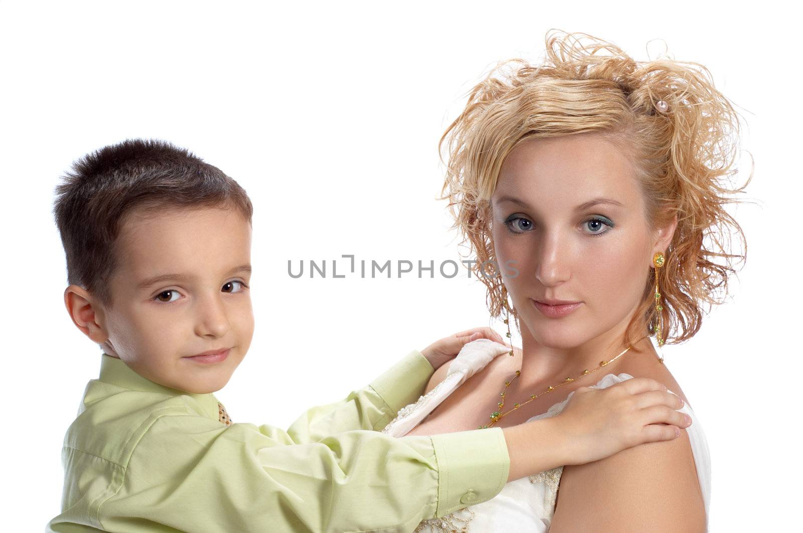mother and son happy together, isolated on white