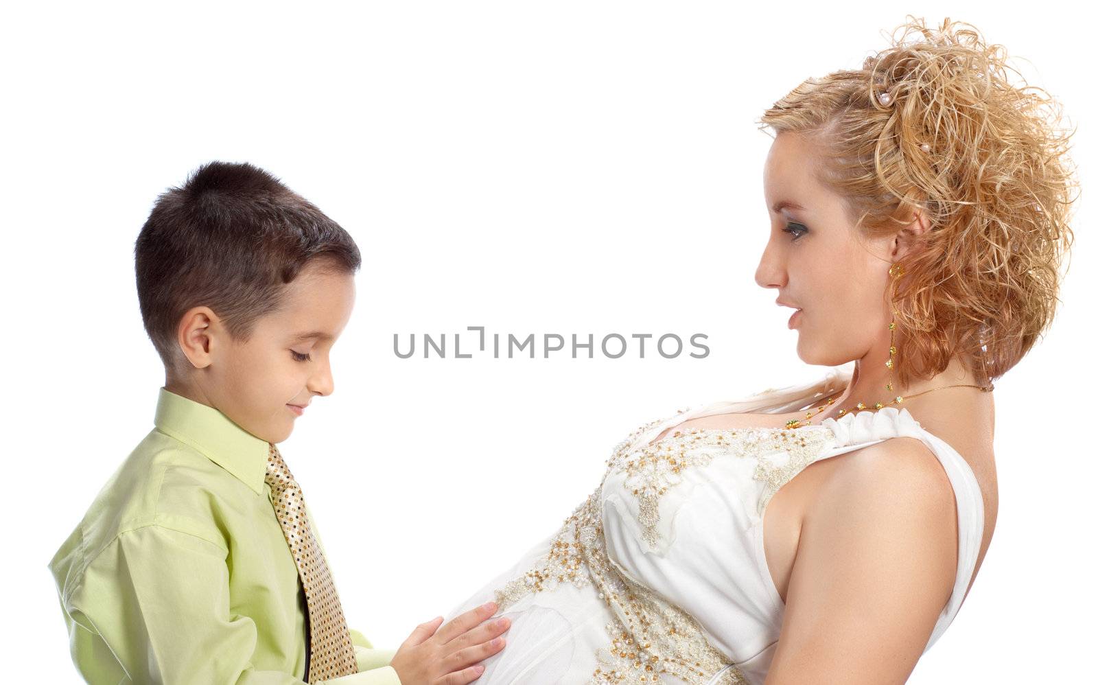 mother and son happy together, isolated on white