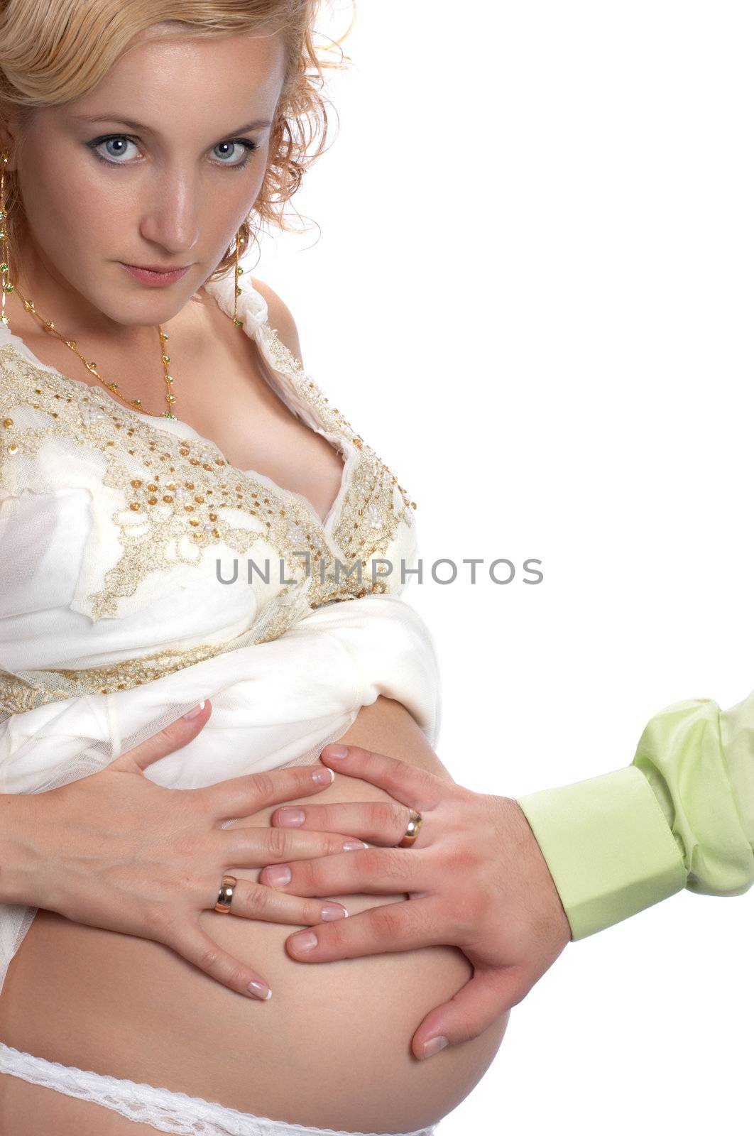 excepting father touching abdomen of beautiful pregnant blond. isolated on whie.