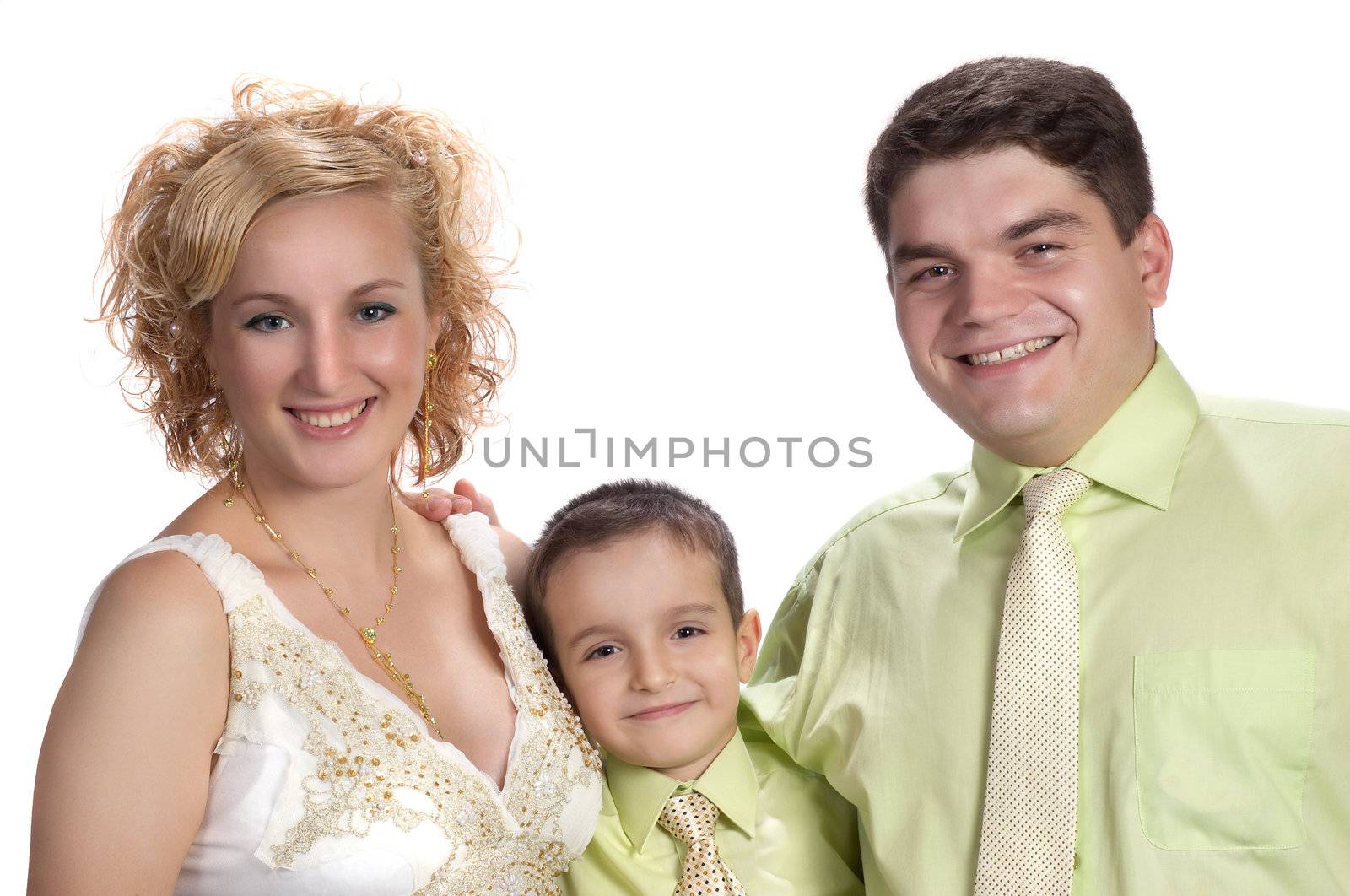 happy family portrait over white^ mother, father and son