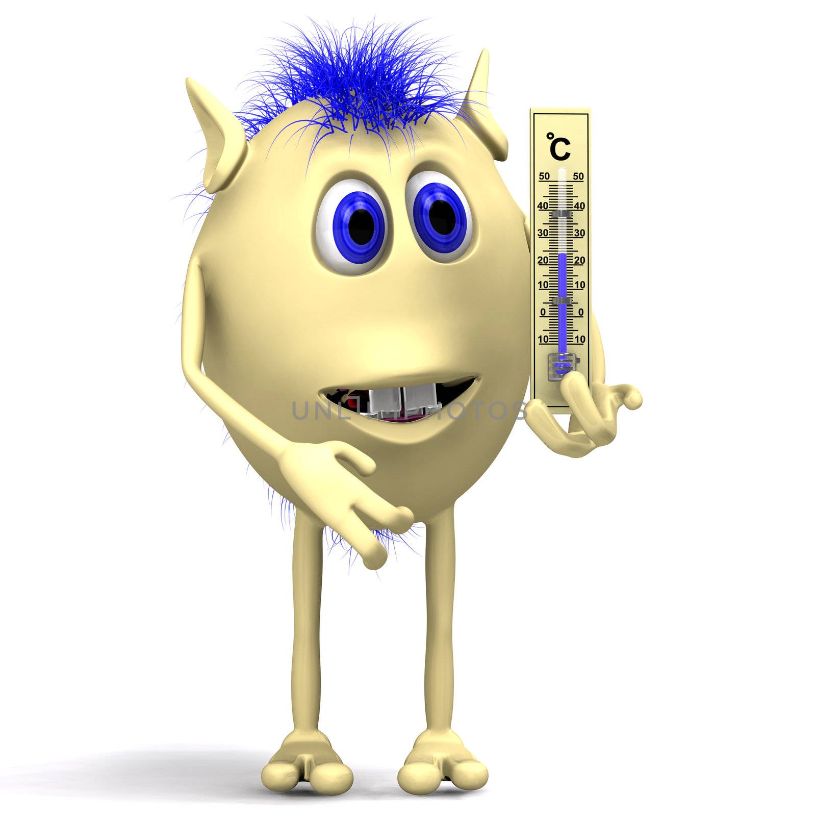 Haired happy puppet holding small plastic thermometer by vetdoctor